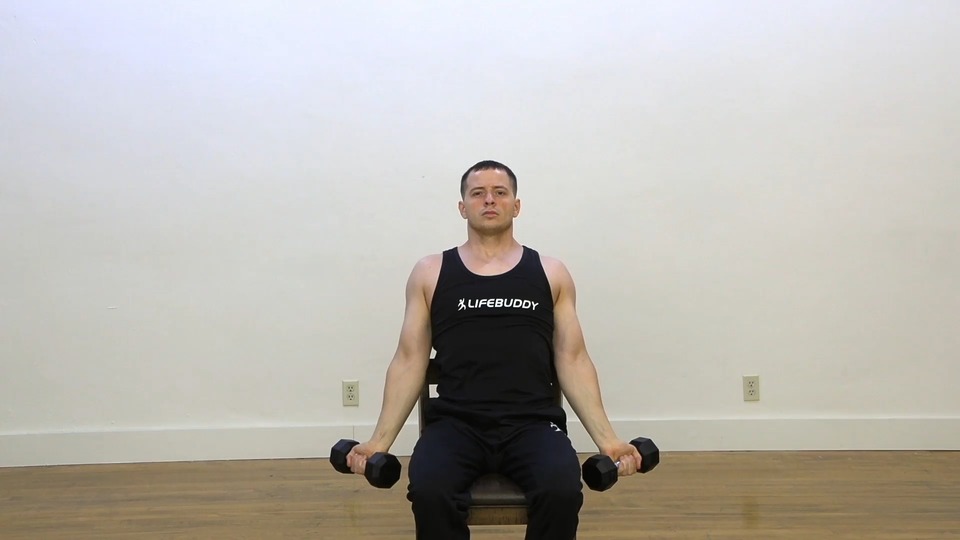 Seated Out Bicep Curl Into Shoulder Press exercise demo
