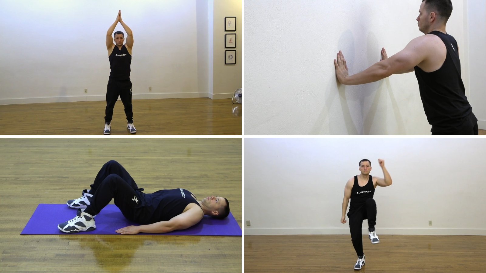 LifeBuddy trainer demonstrating squat and reach, wall push-ups, a glute bridge and standing mountain climbers