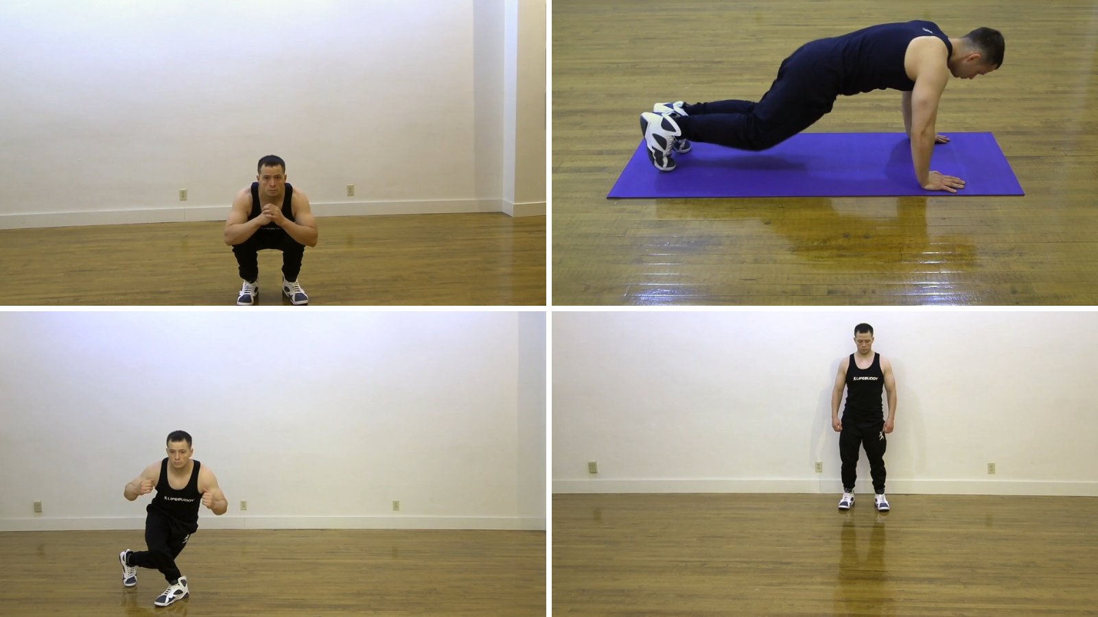 LifeBuddy trainer demonstrating squat hops, plank jacks, skaters and a burpee for a HIIT workout at home