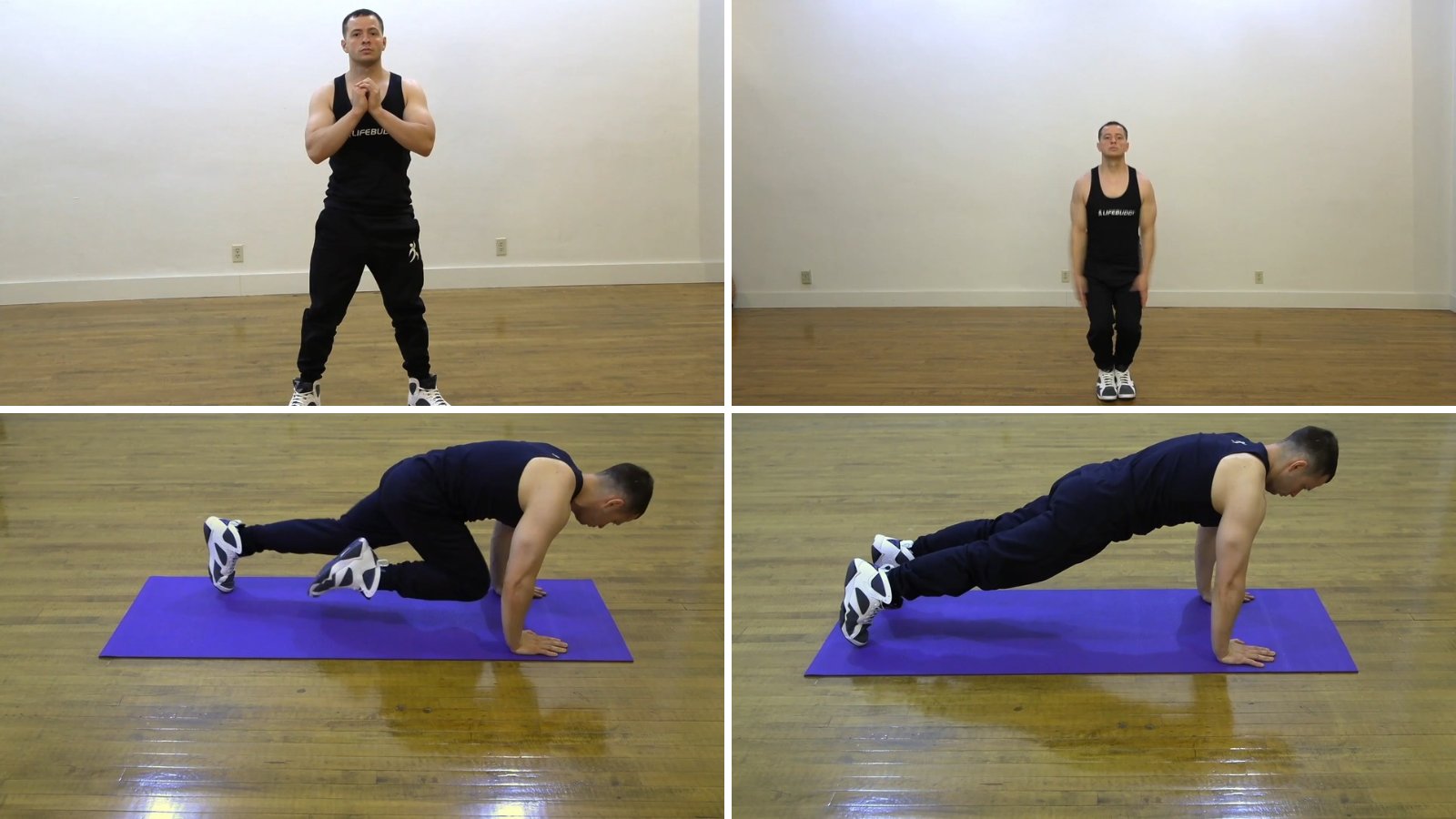 LifeBuddy trainer demonstrating a bodyweight squat, jumping jacks, mountain climbers and a high plank