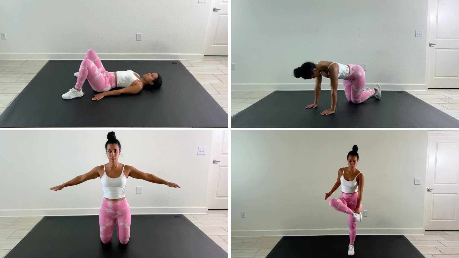 Pilates instructor demonstrating a glute bridge, fire hydrants, kneeling arm raises and a standing toe tap