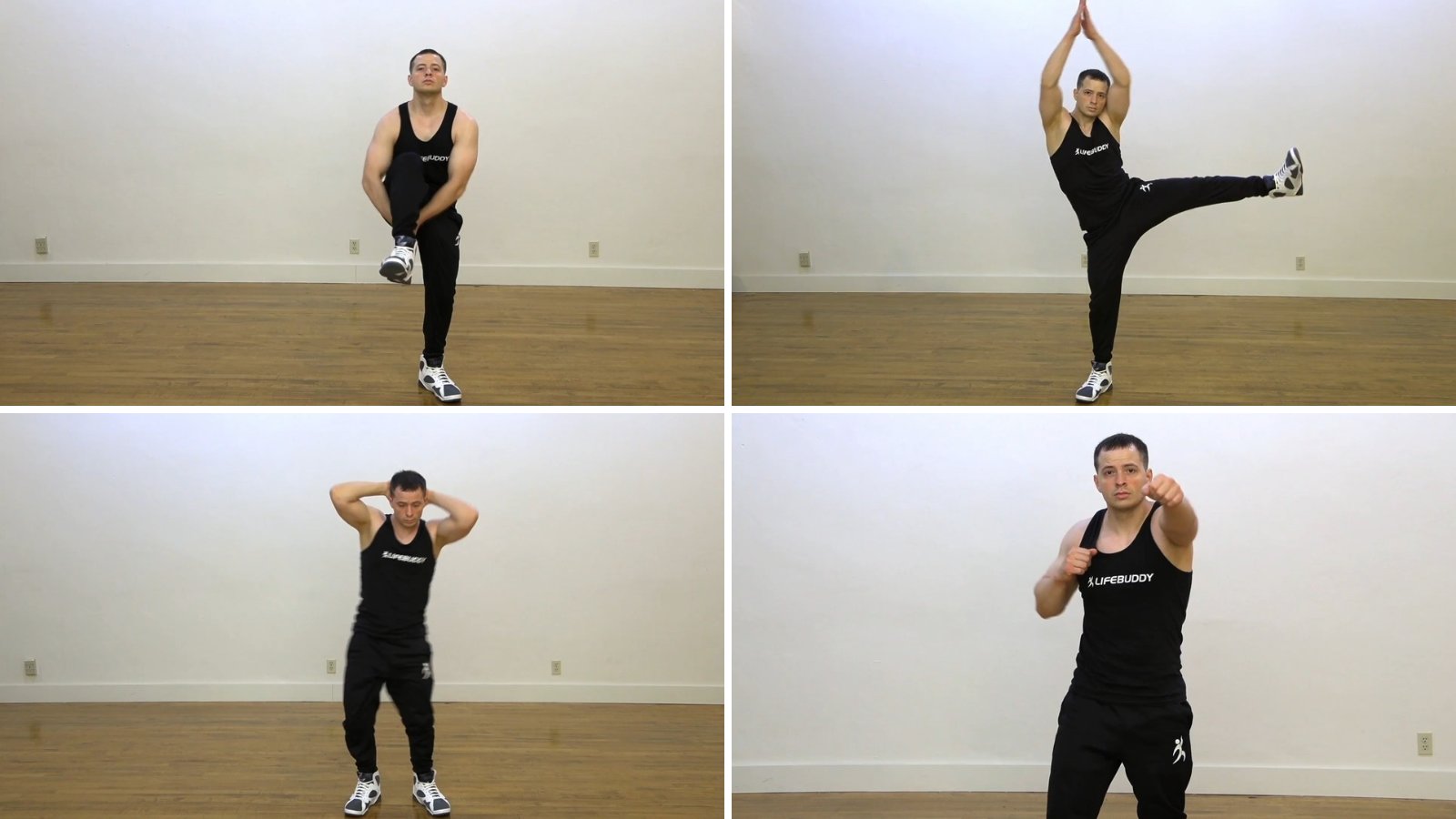 LifeBuddy trainer demonstrating march and clap, step jacks, standing side crunches and punches with no jumping