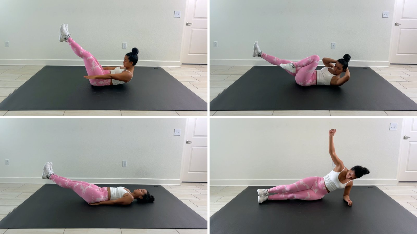 Pilates instructor demonstrating the hundred, bicycle crunches, leg lowers and a side plank