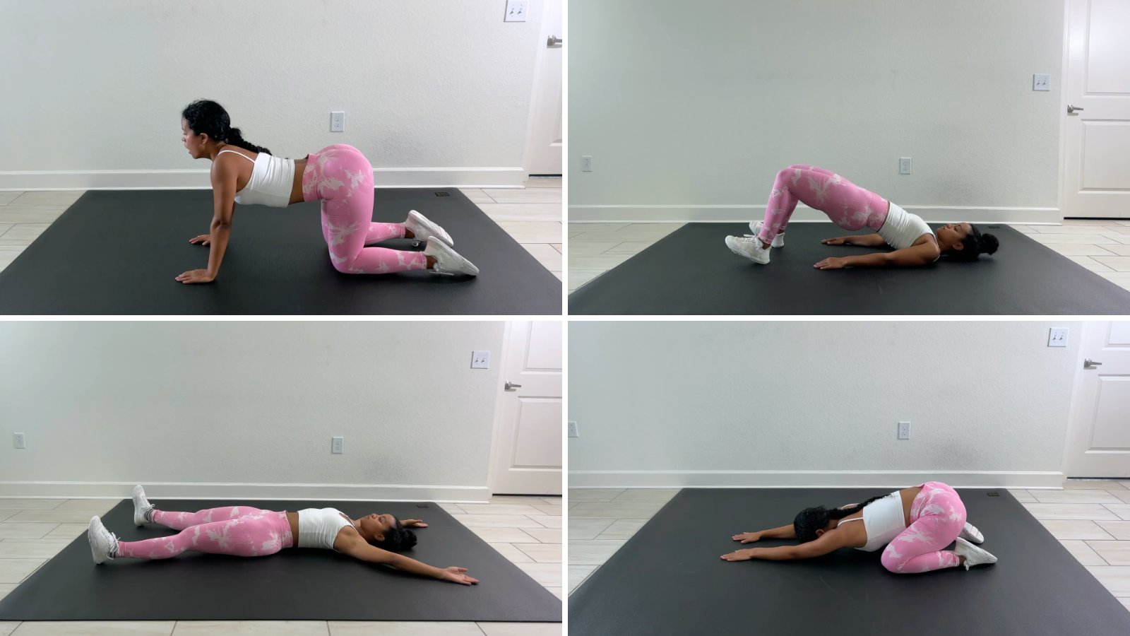 Pilates instructor demonstrating cat-cow, a glute bridge, a roll-up and child's pose
