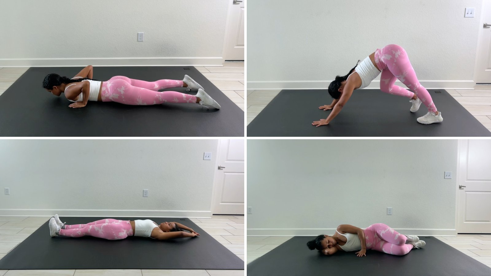 Pilates instructor demonstrating a cobra stretch, downward dog, a roll-up and a clamshell
