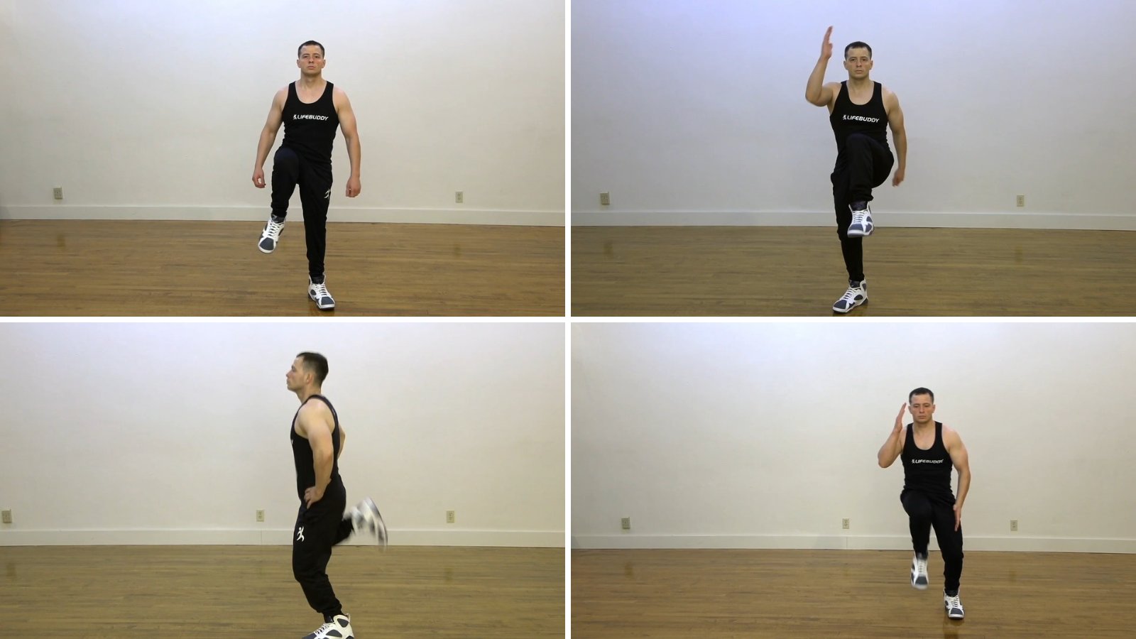 LifeBuddy trainer demonstrating marching in place, walking high knees, heel curls and a lateral high-knee march