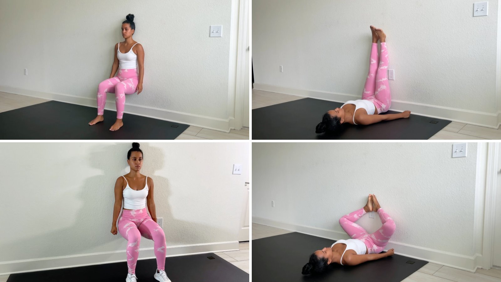 Pilates instructor demonstrating a wall sit, legs up the wall, wall squats and a wall butterfly stretch